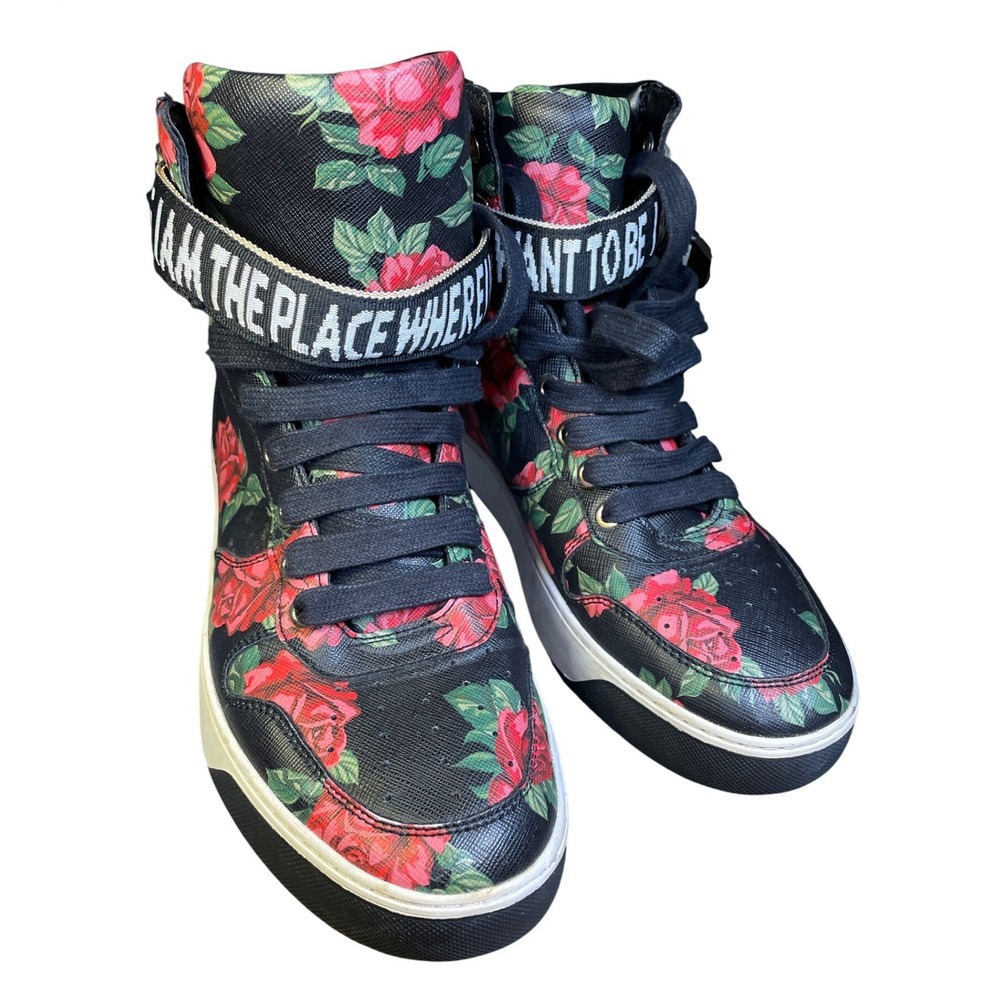 Rare Zara Man Floral Rose High Top Sneakers Black‎ Red Ankle Strap Women Size 9